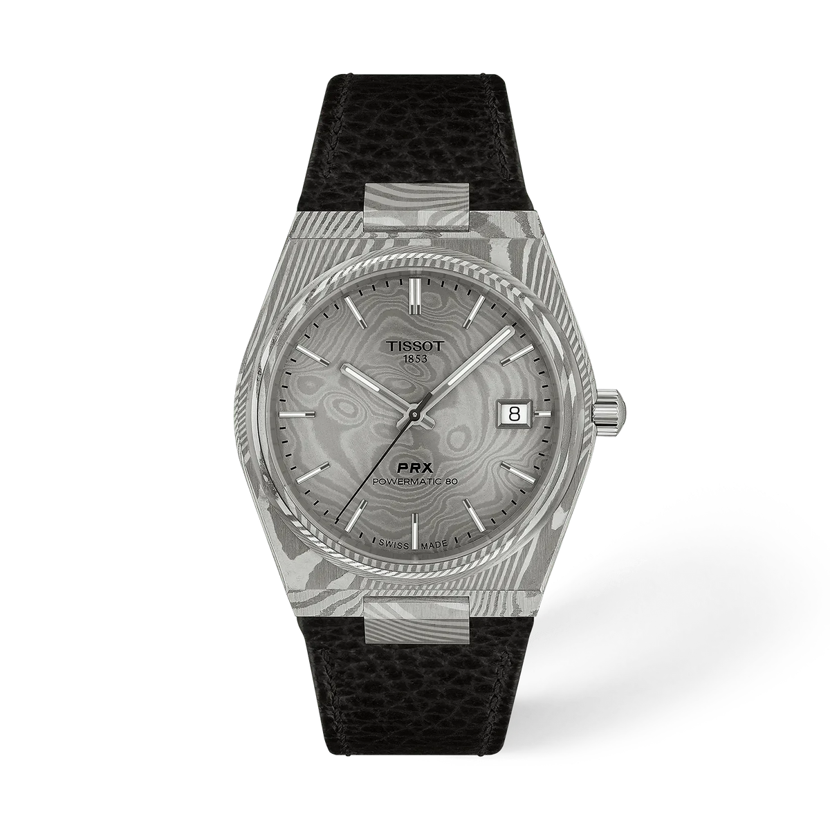 Stalen horloge van 38 mm met een gestructureerde zilveren wijzerplaat en zwarte leren band.