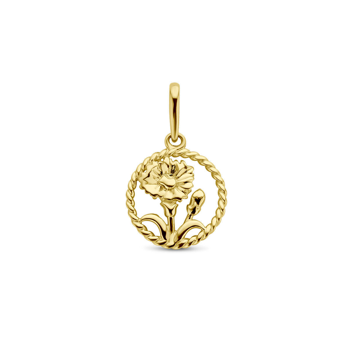 De hanger met geboortebloem 14K geelgoud uit de Van der Kooij Collectie heeft een gedetailleerde anjer en knop in een gedraaide touwcirkel, met klein oogje om aan je ketting te hangen.