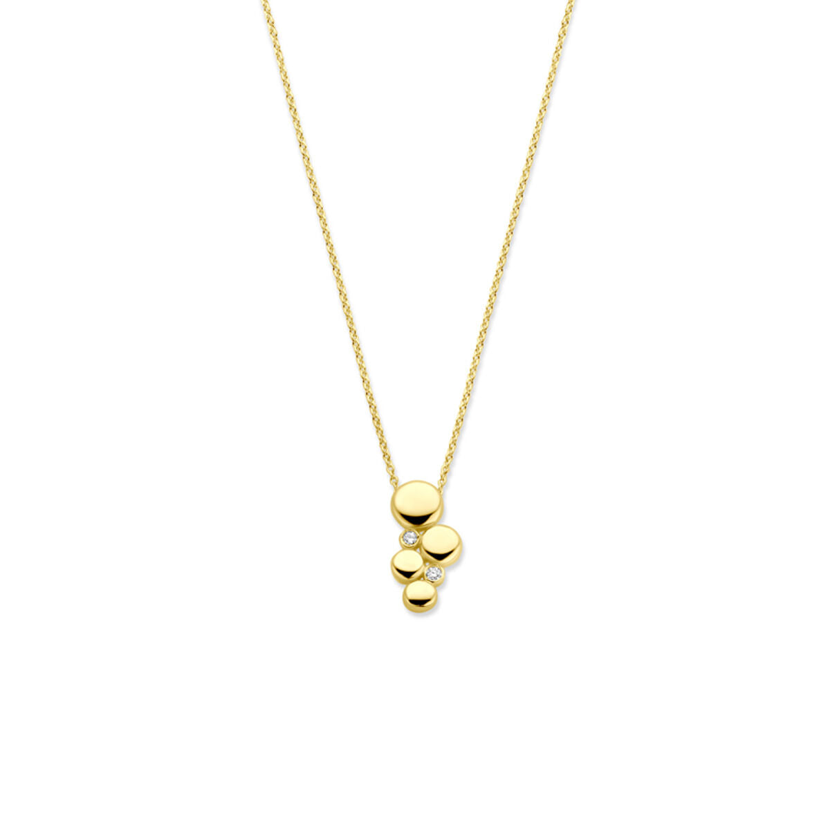 Naszyjnik z 14K żółtego złota z diamentem 0,02 ct, o okrągłych elementach w różnych rozmiarach.