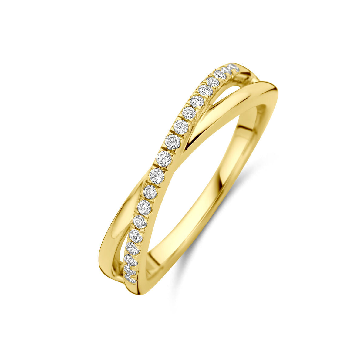 Pierścionek z lab-grown diamentami o wadze 0,15 ct, wykonany z 14K żółtego złota, z falistym wzorem.