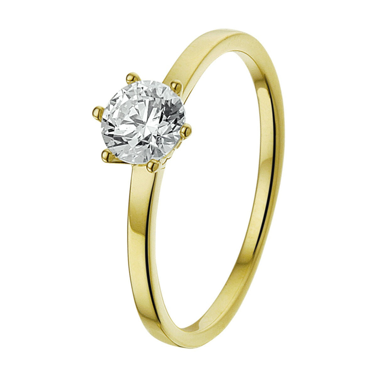 Een 14K geelgouden ring van Van der Kooij Collectie, gezet met een enkele ronde zirkoon in klassieke solitaire zetting. Elegant gepresenteerd op een witte achtergrond; perfect als tijdloze aanzoeksring voor een bijzonder moment.
