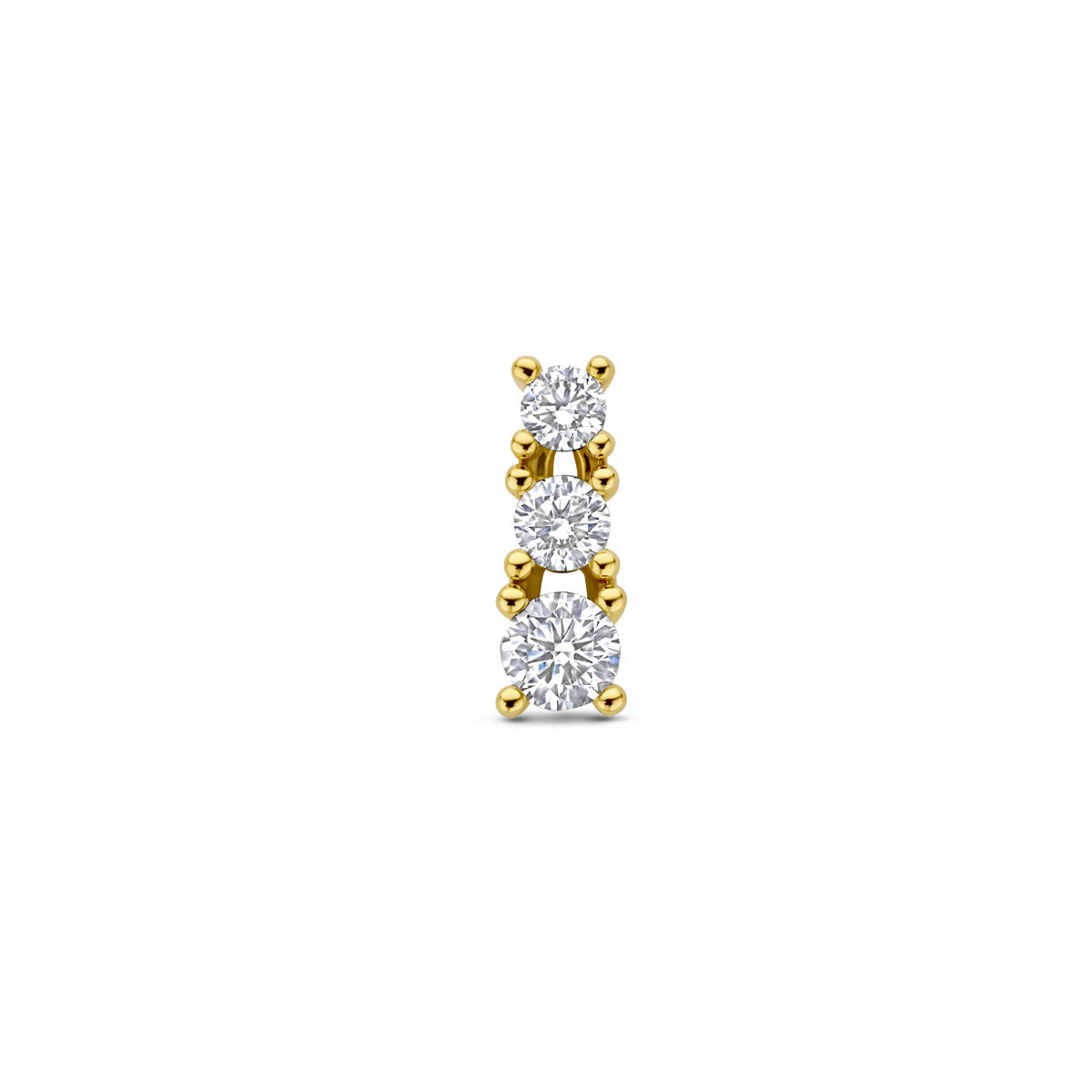 Gouden hanger van 14k geelgoud met drie lab grown diamanten in een verticale opstelling.