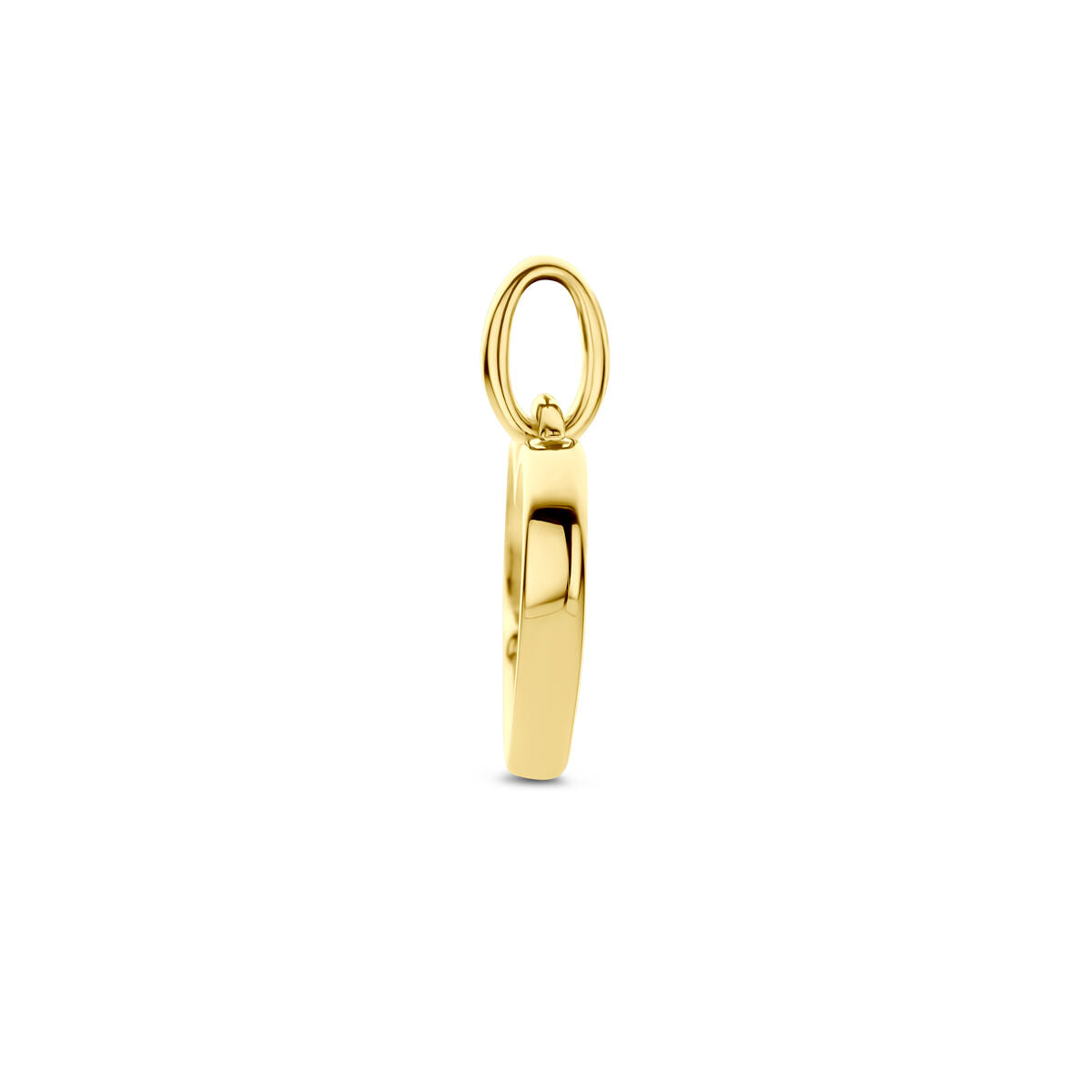 Zijaanzicht van een klein, gepolijst Van der Kooij Collectie hanger hart en diamant 0.01ct h p1 14K geelgoud met een gladde, afgeronde rechthoekige vorm en ronde lus, afgebeeld tegen een effen witte achtergrond.