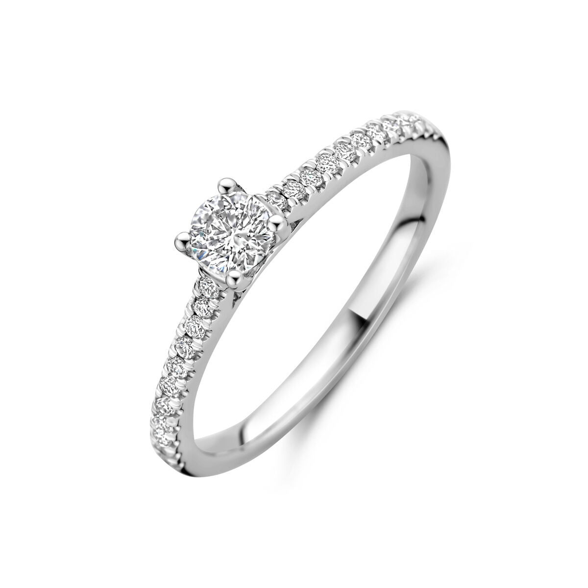 Pierścionek z lab-grown diamentem 0,39 ct, wykonany z białego złota 14K, z drobnymi diamentami na obrączce.