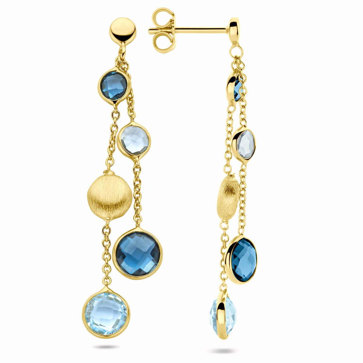 kolczyki kółka, niebieski topaz i londyński niebieski topaz 44 mm 14K żółte złoto
