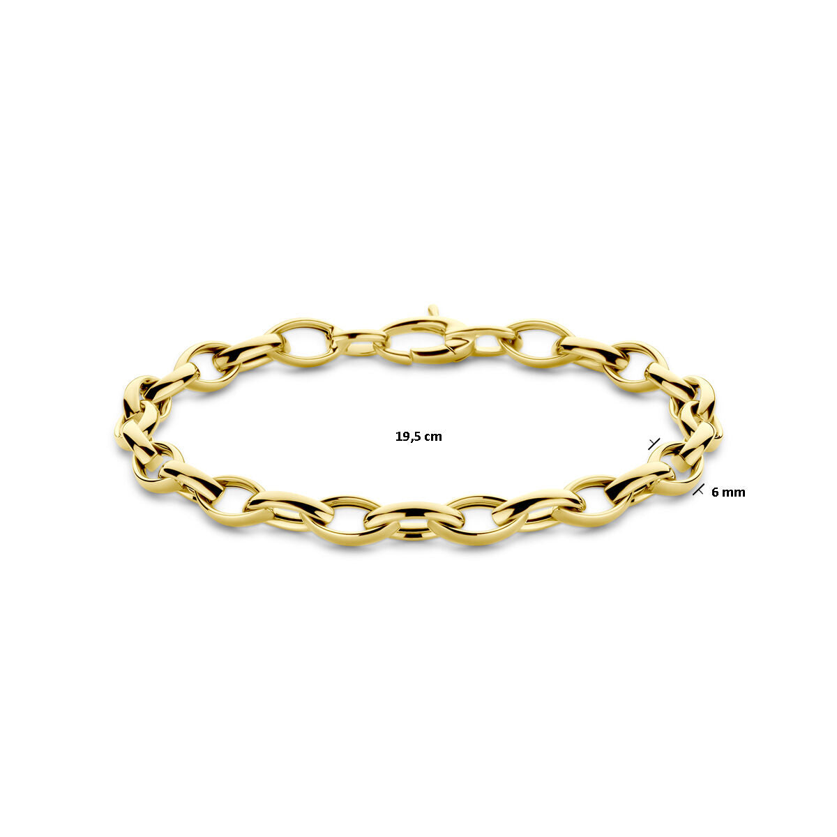 De armband 6,0 mm 19,5 cm 14K geelgoud van Van der Kooij Collectie is een elegante damesarmband met ovale schakels en karabijnsluiting, gepresenteerd op een witte achtergrond.