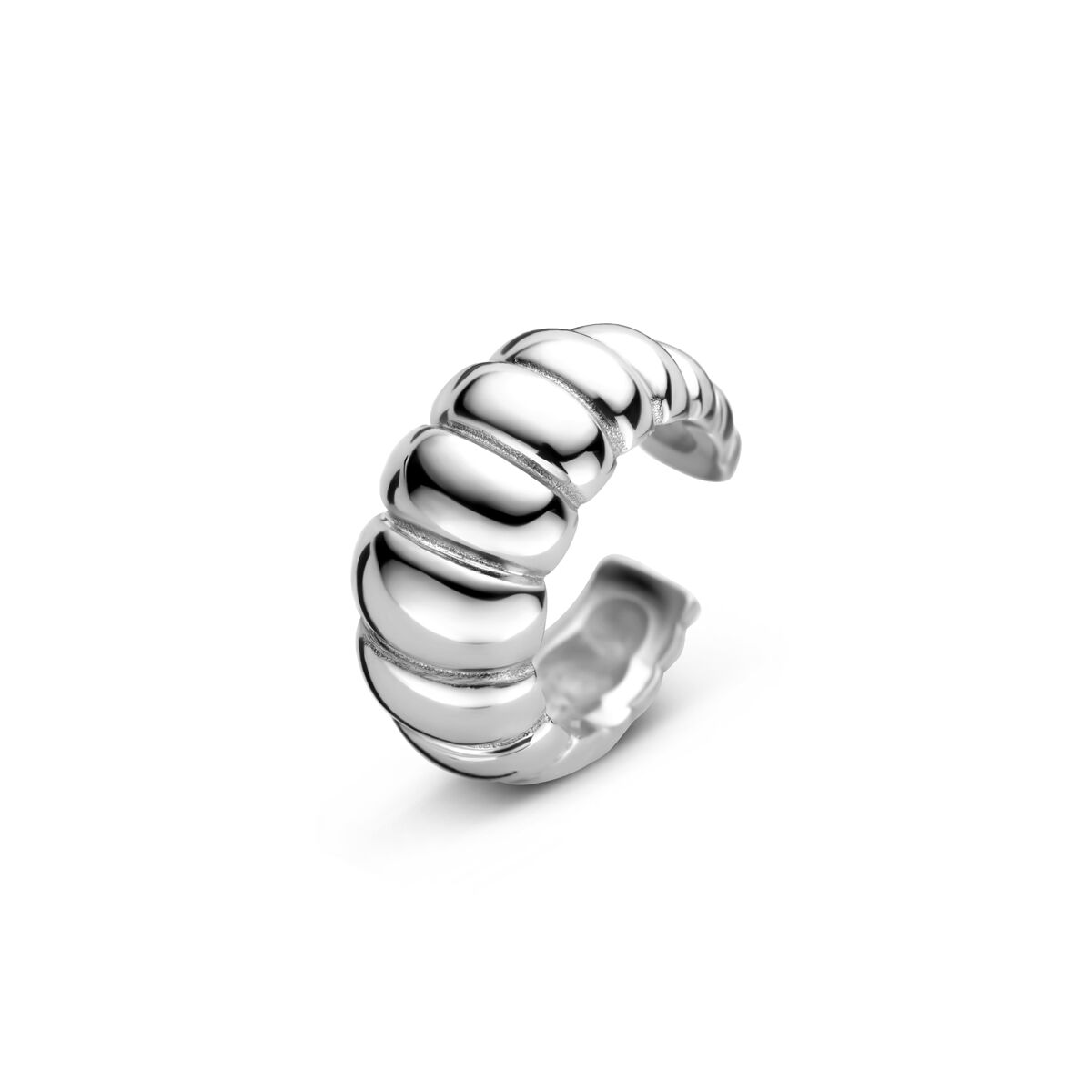 Srebrny ear cuff o nowoczesnym kształcie z zaokrąglonymi detalami.