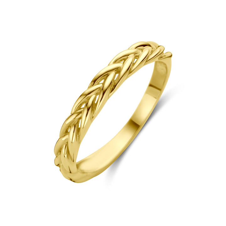 De Van der Kooij Collectie ring gevlochten 14K geelgoud heeft een vossestaart schakelmotief met in elkaar verweven gevlochten strengen langs de band, weergegeven op een witte achtergrond.