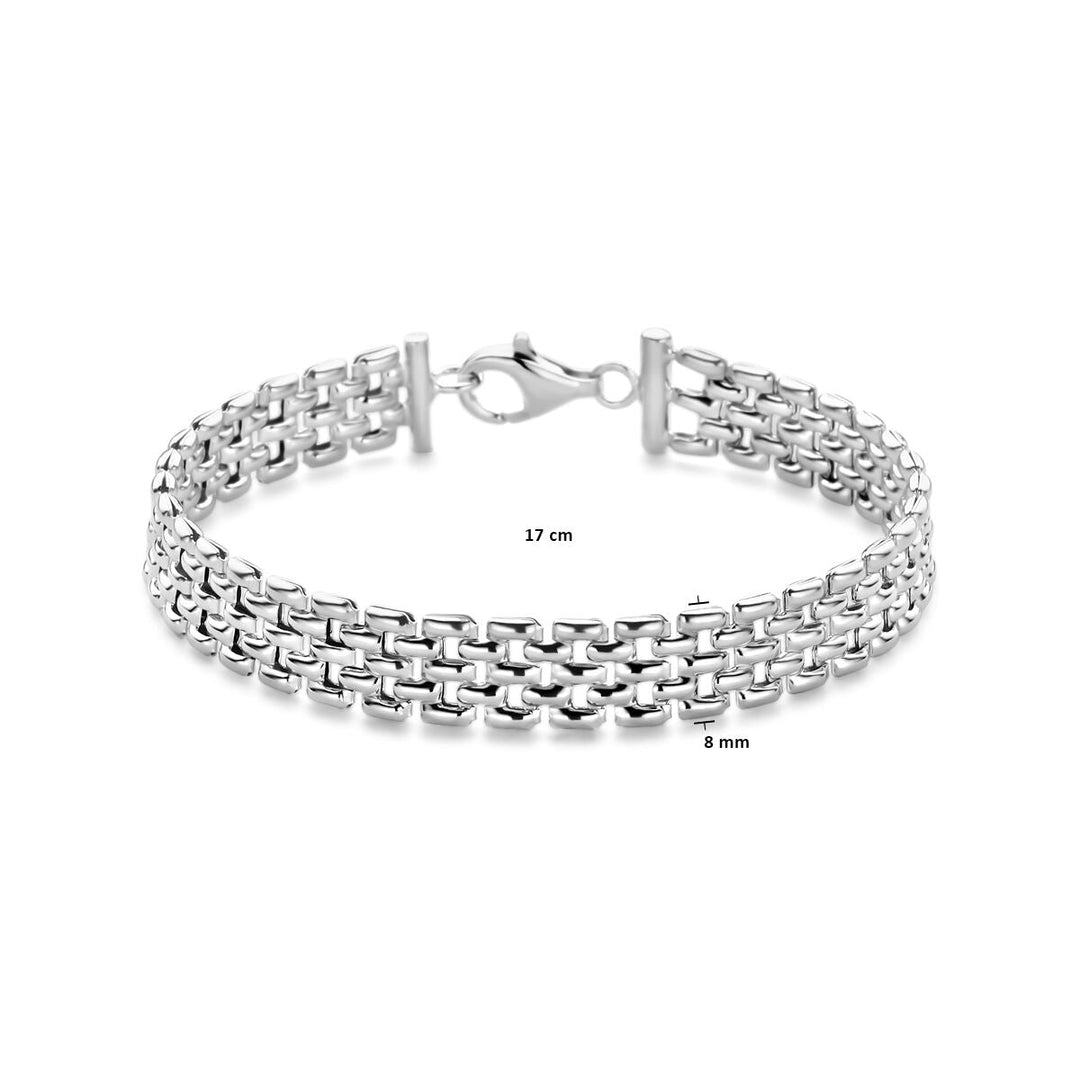 De Van der Kooij Collectie armband panter 8 mm, 17 cm lang, is gemaakt van gerhodineerd zilver en voorzien van een stevige sluiting. Stijlvol gepresenteerd op een witte achtergrond.