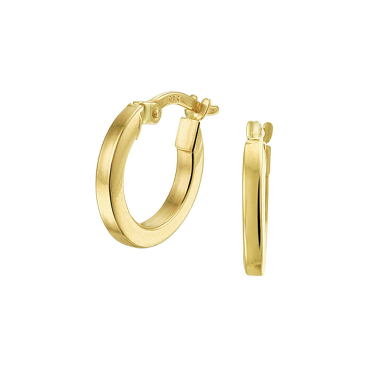 Kolczyki koła w kształcie kwadratowej rury, wykonane z 14K żółtego złota, o szerokości 2,0 mm.