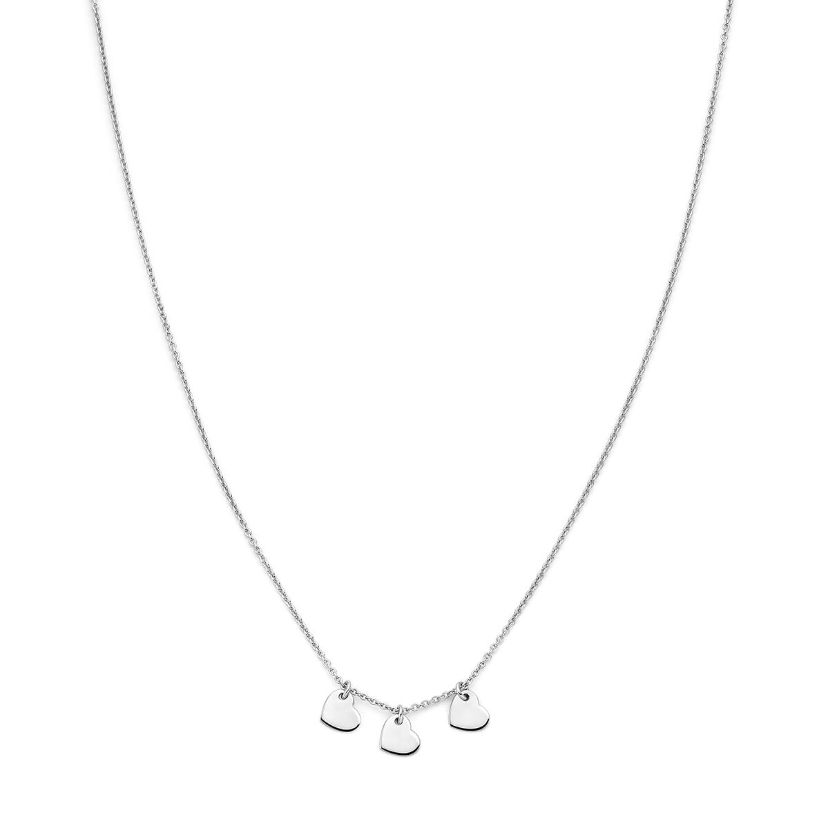 Srebrny naszyjnik z trzema serduszkami, o długości 36 + 2 cm, pokryty rhodium.