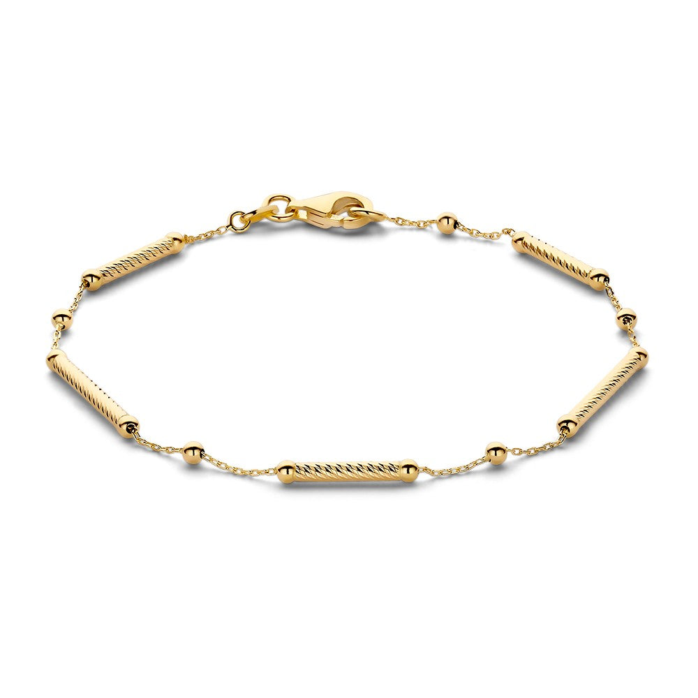 Złota bransoletka 14-karatowa, o długości 19 cm, z eleganckimi prostokątnymi elementami i okrągłymi kuleczkami.