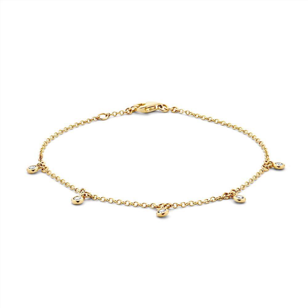 Żółta złota bransoletka z pięcioma wiszącymi diamentami, długość 18-19 cm.