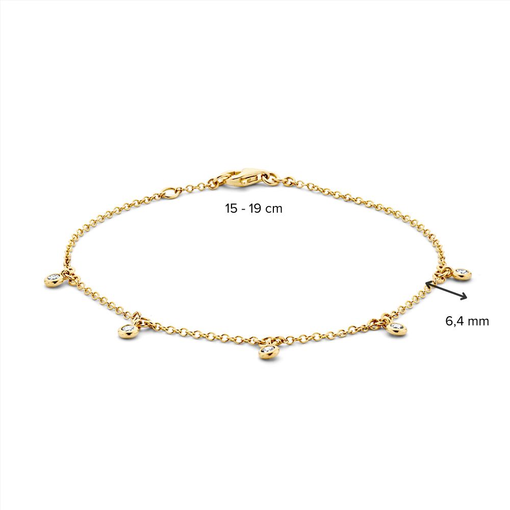 Żółtozłota Bransoletka z 5 Wiszącymi Diamentami 14 Karat, 0,21 crt – 18-19 cm