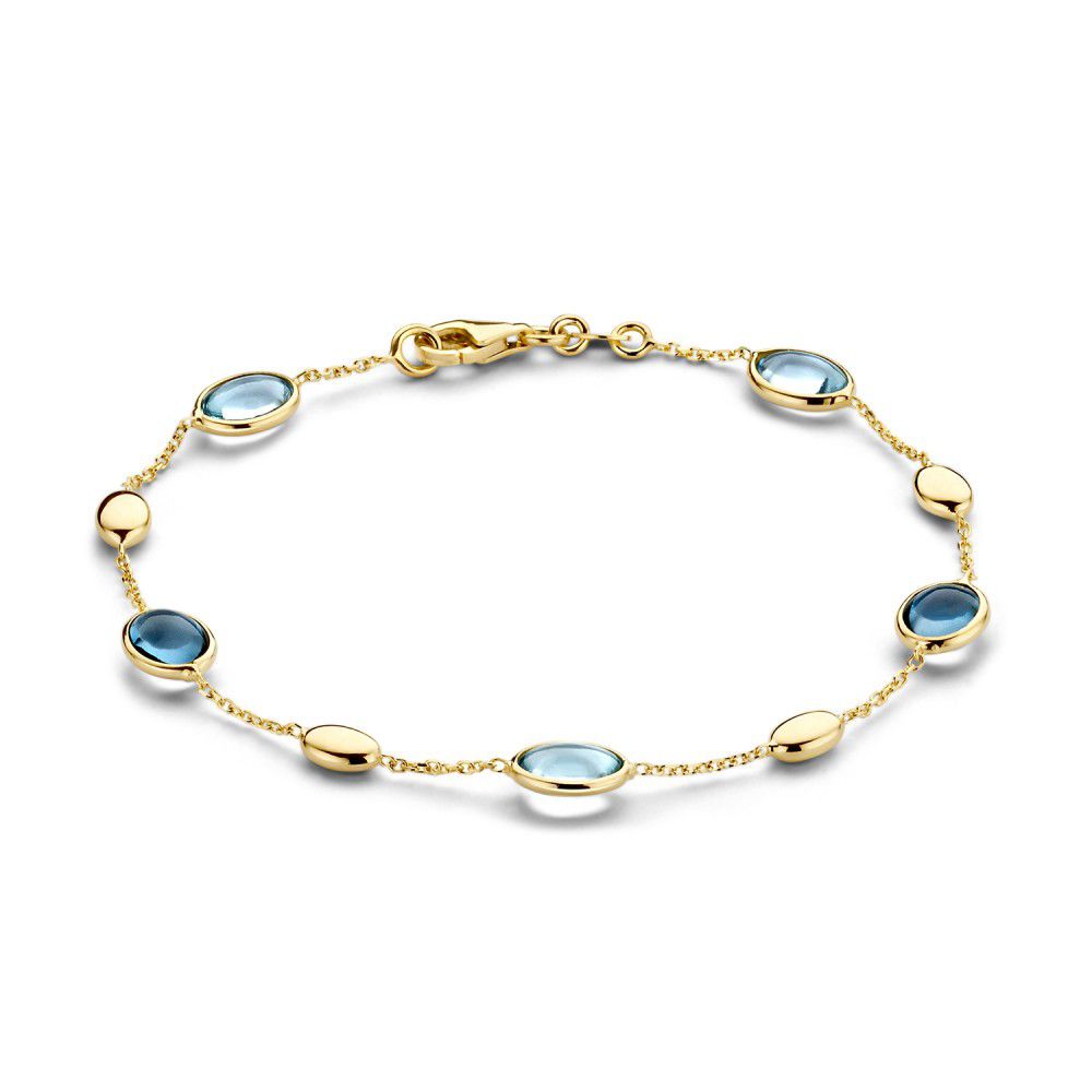 Żółta złota bransoletka z niebieskimi kamieniami topazu i London Blue Topaz, długość 19 cm.