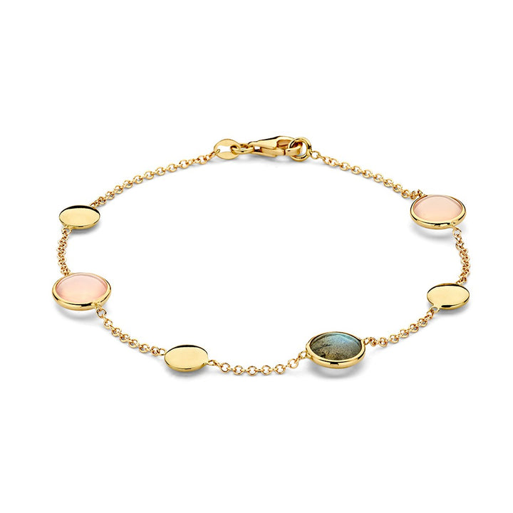 Geelgouden Armband met Labradoriet en Rozenkwarts – 14 Karaat, 19 cm