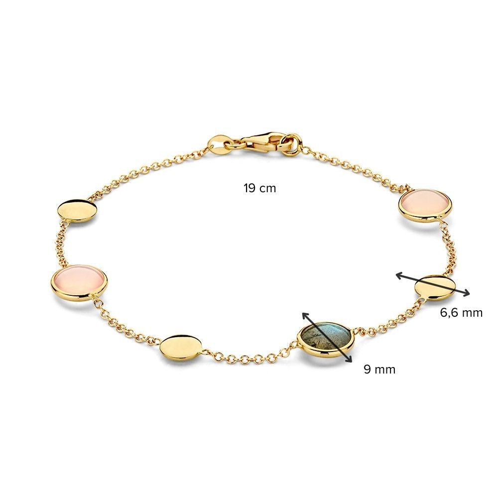 Żółtozłota Bransoletka z Labradoritem i Różowym Kwarcem – 14 Karat, 19 cm