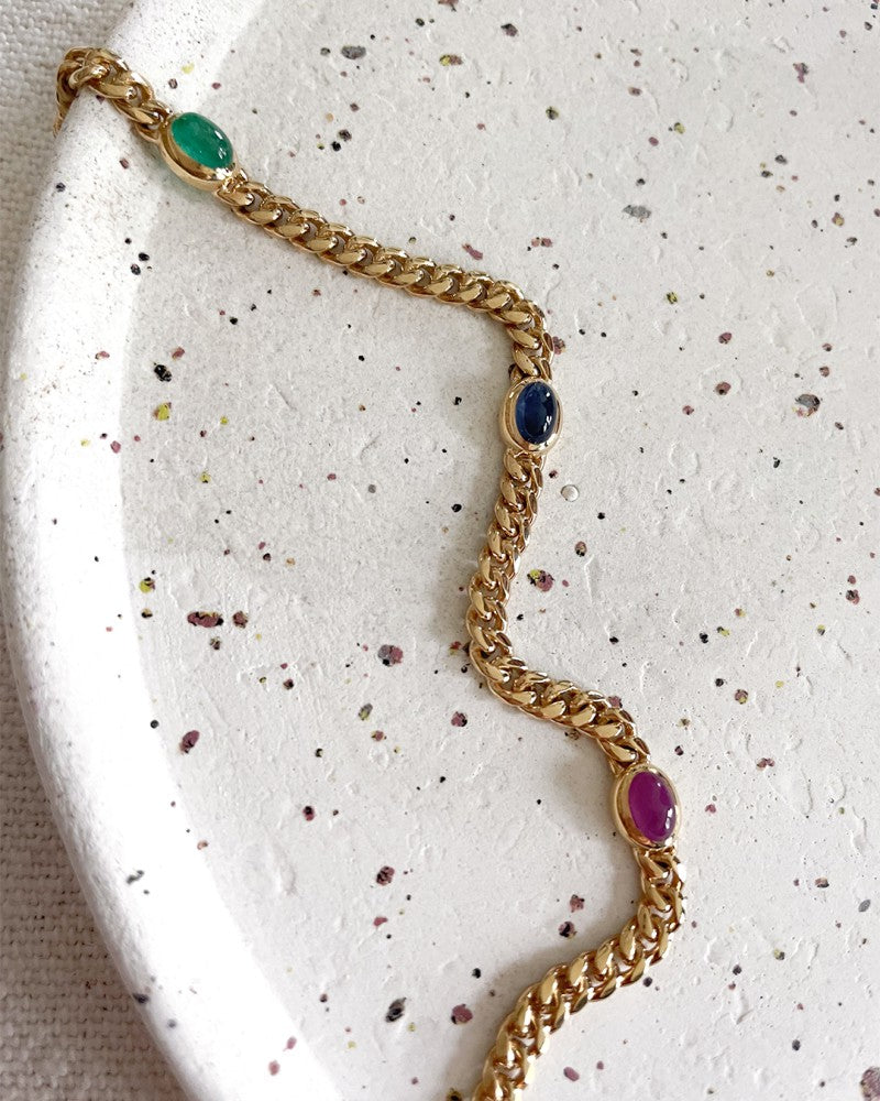 Żółtozłota Bransoletka z Rubinami, Szafirem i Szmaragdem – 14 Karat, 19 cm