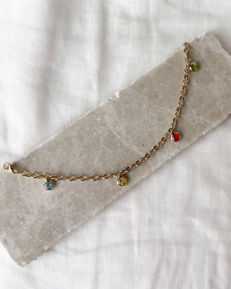 Żółtozłota Bransoletka z Kamieniami Szlachetnymi Charms – 14-karatowe Złoto – Niebieski Topaz, Peridot, Cytrynowy Kwarc i Opał Wulkaniczny