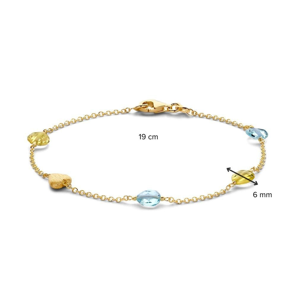 Żółtozłota bransoletka z cytrynowym kwarcem i niebieskim topazem – 14 karat, 19 cm