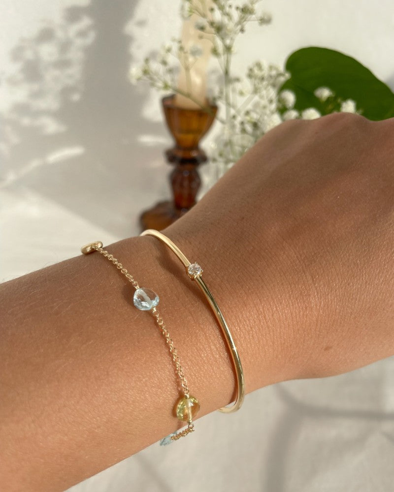 Żółtozłota bransoletka z cytrynowym kwarcem i niebieskim topazem – 14 karat, 19 cm