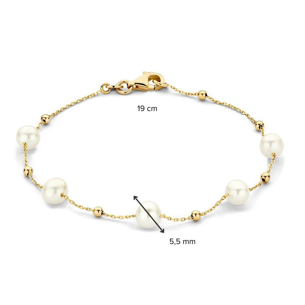 Żółtozłota bransoletka z perłami i złotymi kulkami – 14-karatowa bransoletka damska 19 cm