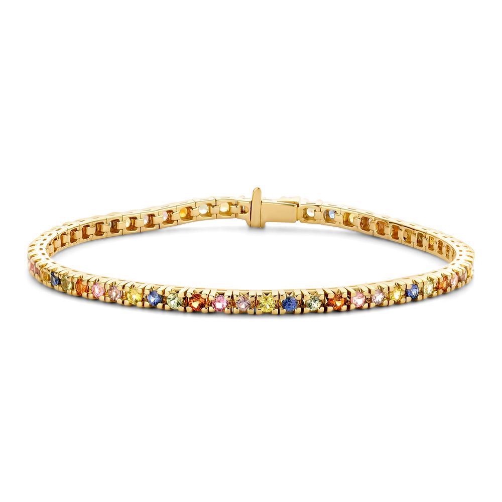 Żółta złota bransoletka tenisowa z tęczowymi szafirami o wadze 3,65 ct.