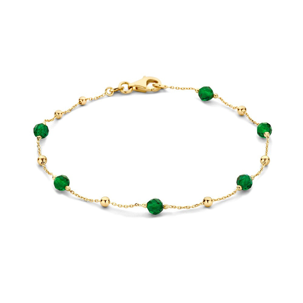 Geelgouden Armband met Donkergroene Zirkonia Bolletjes – 14 Karaat Damesarmband 19 cm