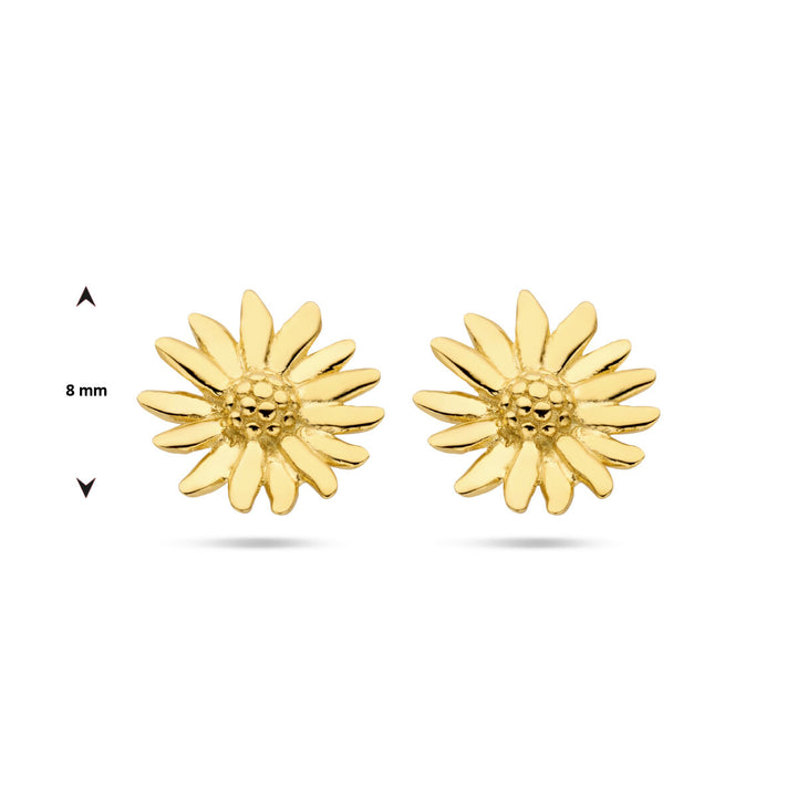 Van der Kooij Collectie oorknoppen madeliefje 1 micron zilver verguld (geel), kleine goudkleurige oorbellen van 8 mm in diameter, afgebeeld op een witte achtergrond. Perfect voor dames sieradencollecties.