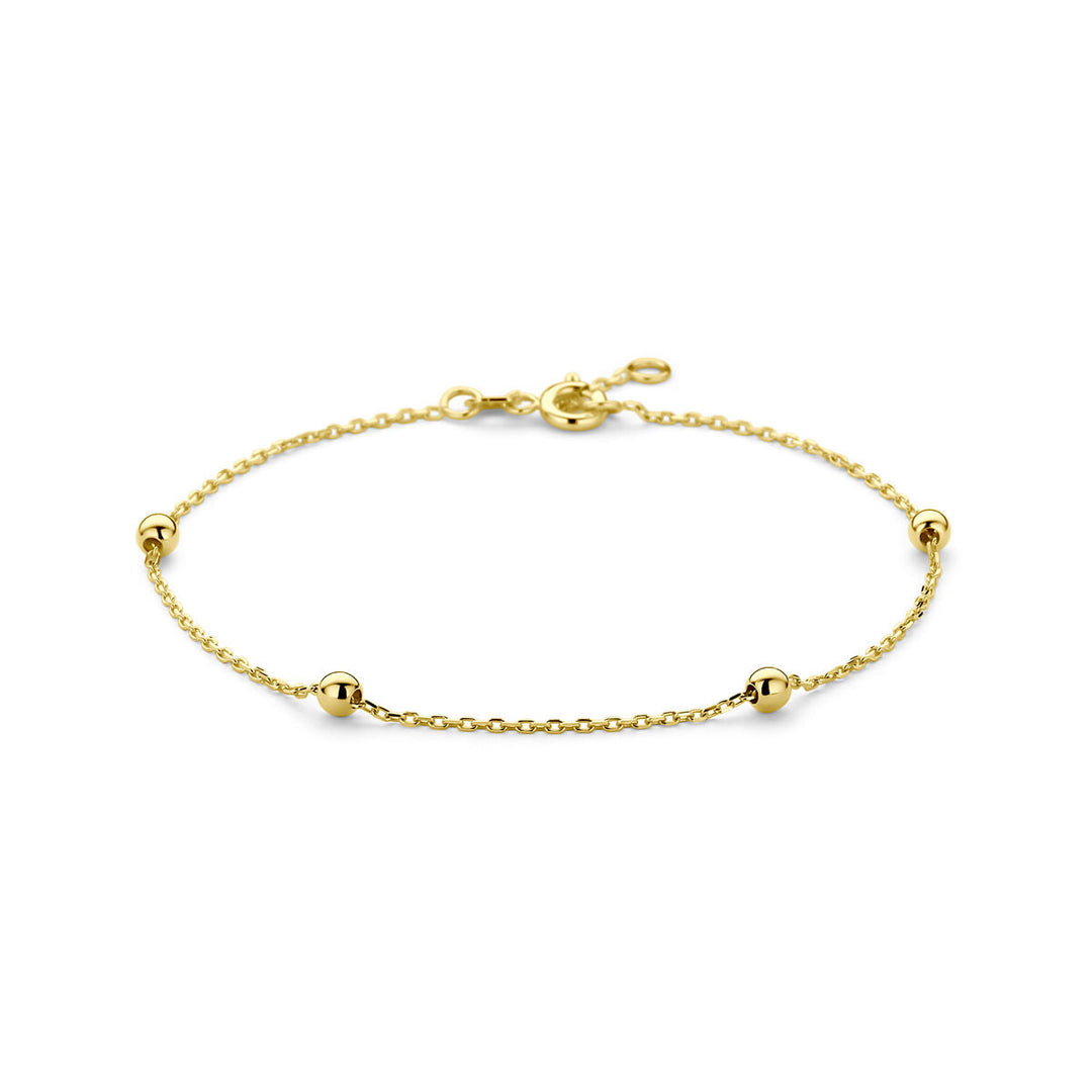 Van der Kooij Collectie armband anker en bolletjes 1,0 mm van 14K geelgoud, lengte 17,5-18,5 cm met karabijnsluiting; vijf gelijkmatig verdeelde kralen maken het een elegante dames sieraad op een witte achtergrond.