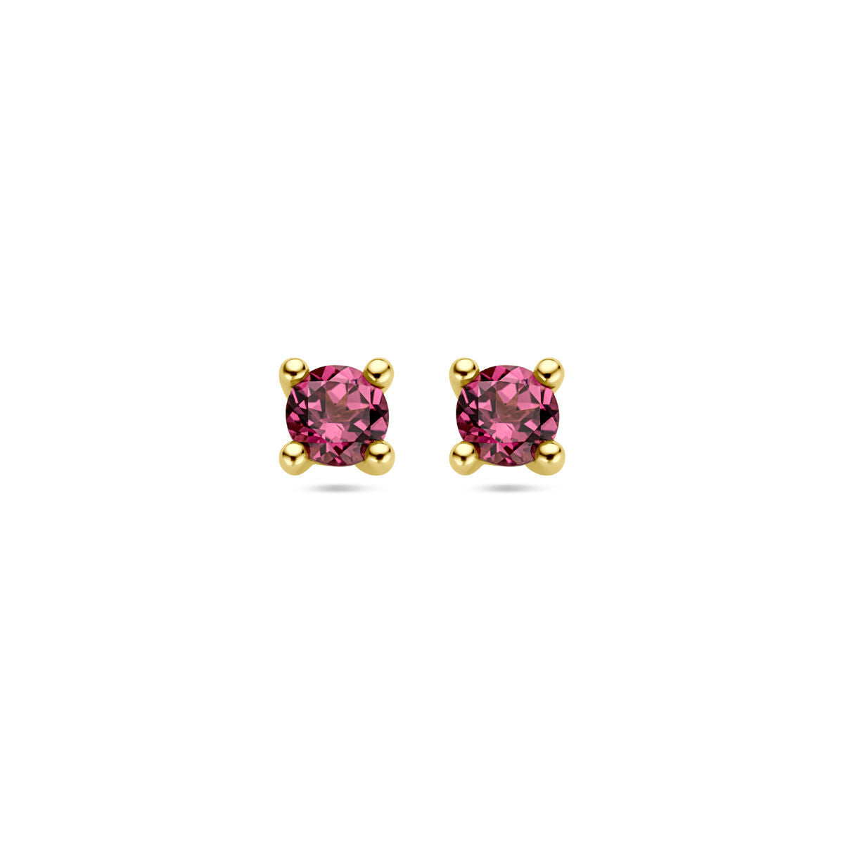 Oorknoppen met ronde roze rhodoliet in 14K geelgouden zetting.