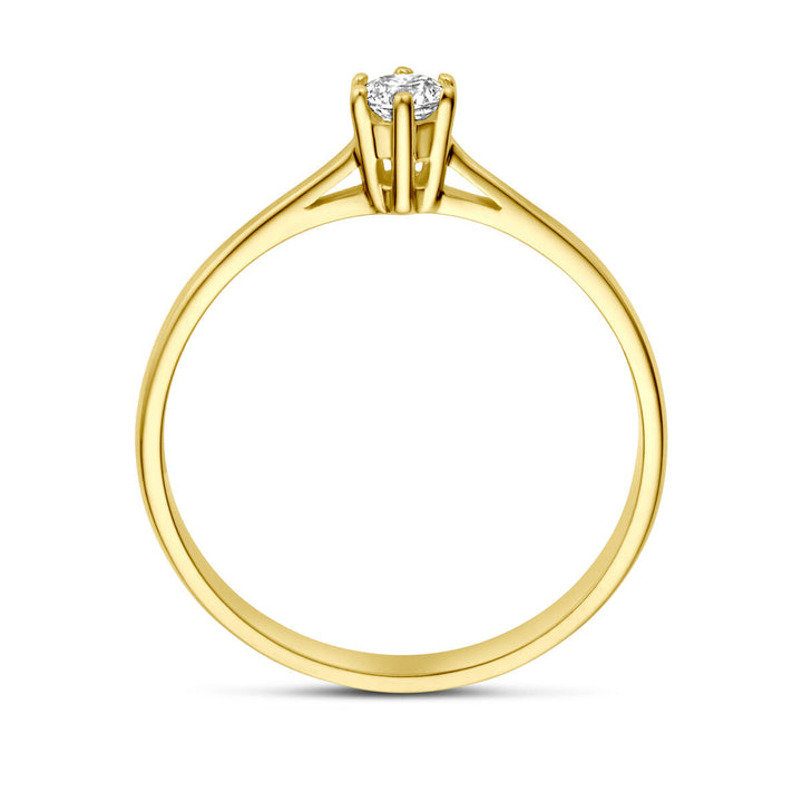 De Van der Kooij Collectie ring zirkonia 14K geelgoud heeft een ronde solitaire zirkonia in een zetting met vier pootjes, met een verhoogde steen en een slanke, gepolijste band voor een elegante uitstraling.