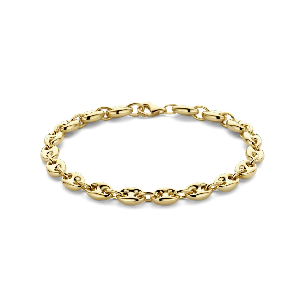Bransoletka z 14K żółtego złota o długości 19 cm, z ogniwami w kształcie ziaren kawy o średnicy 6 mm.
