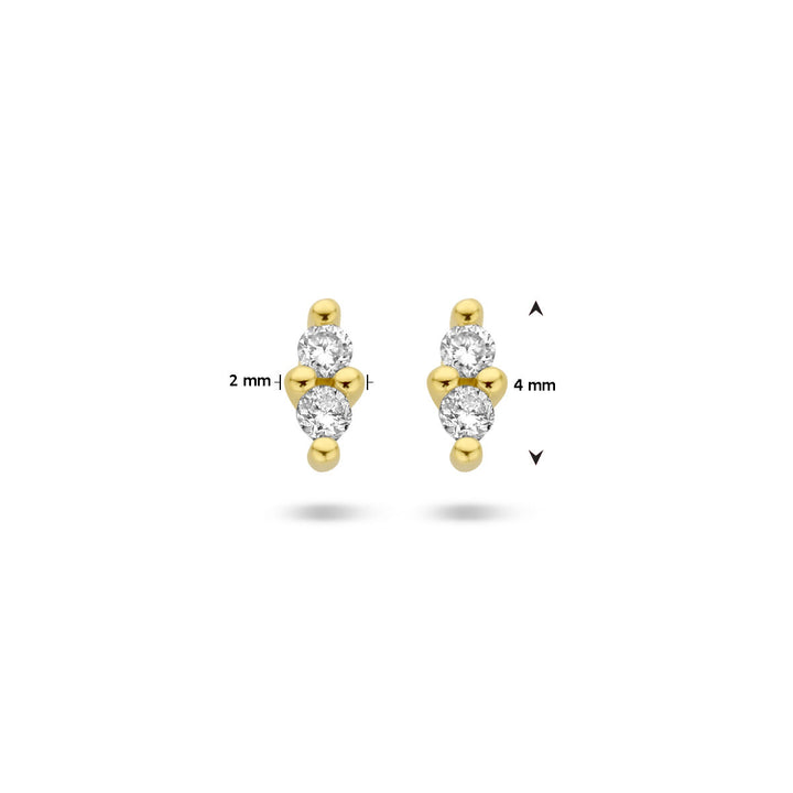 Van der Kooij Collectie oorknoppen diamant 0.04ct (2x 0.02ct) h p1 in 14K geelgoud: elegante damesoorbellen met drie ronde diamanten in een trio, ca. 2 mm breed en 4 mm hoog.