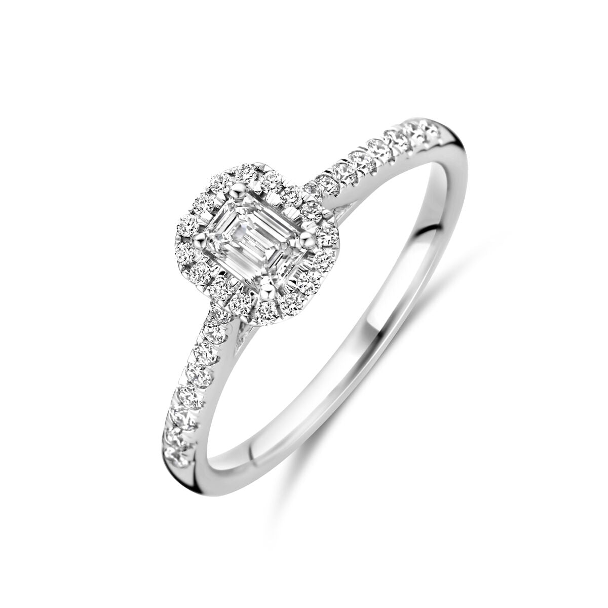 pierścionek z lab-grown diamentem 0,48 ct, osadzony w 14K białym złocie, z diamentami na obrączce.