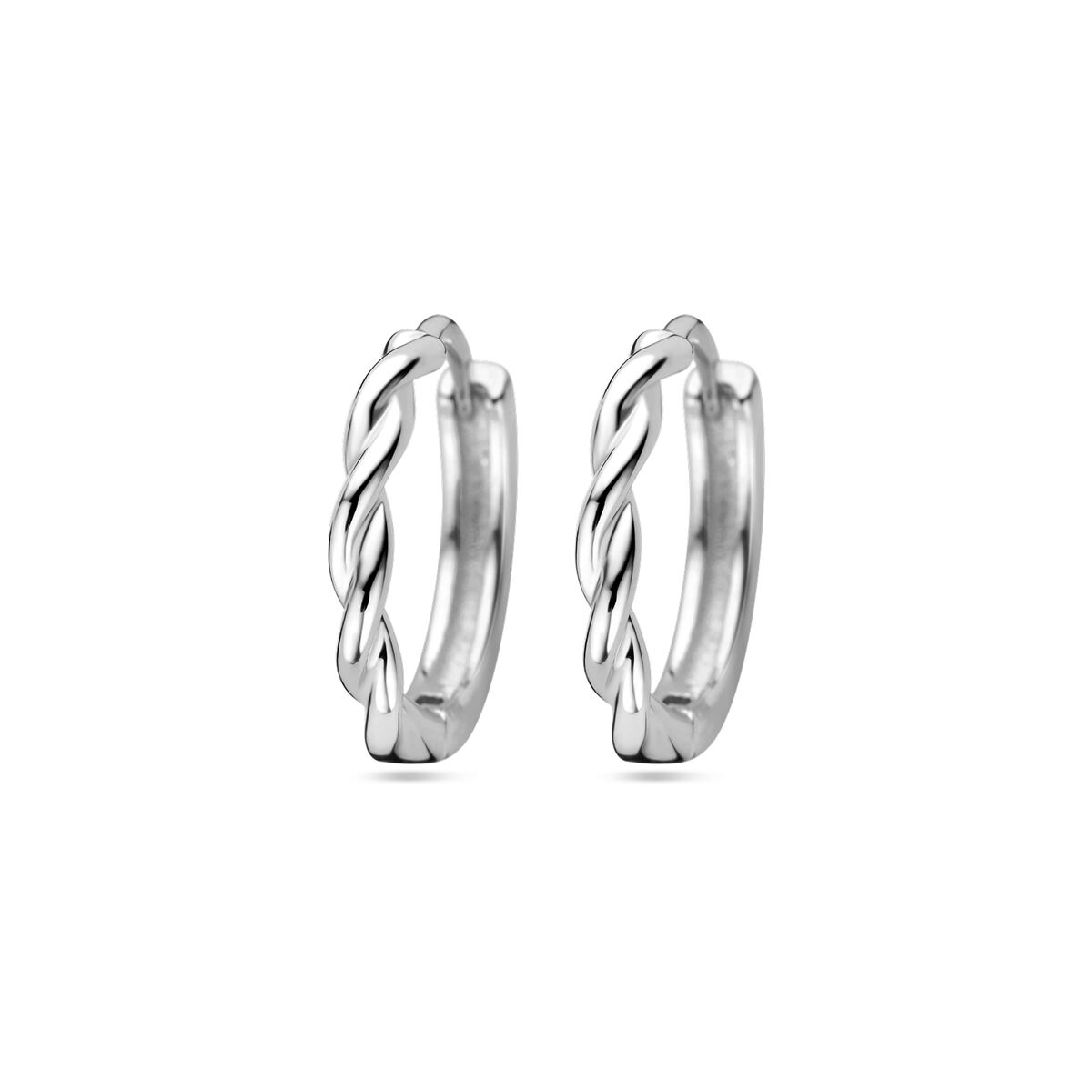 Srebrne kolczyki koła z twisted design, gerhodinowane, o gładkiej powierzchni.