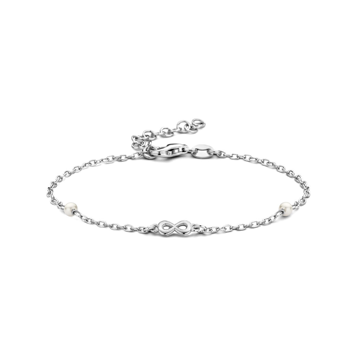 Bransoletka z syntetyczną perłą i symbolem nieskończoności, srebrna, gerhodynowana, długość 16 + 3 cm.