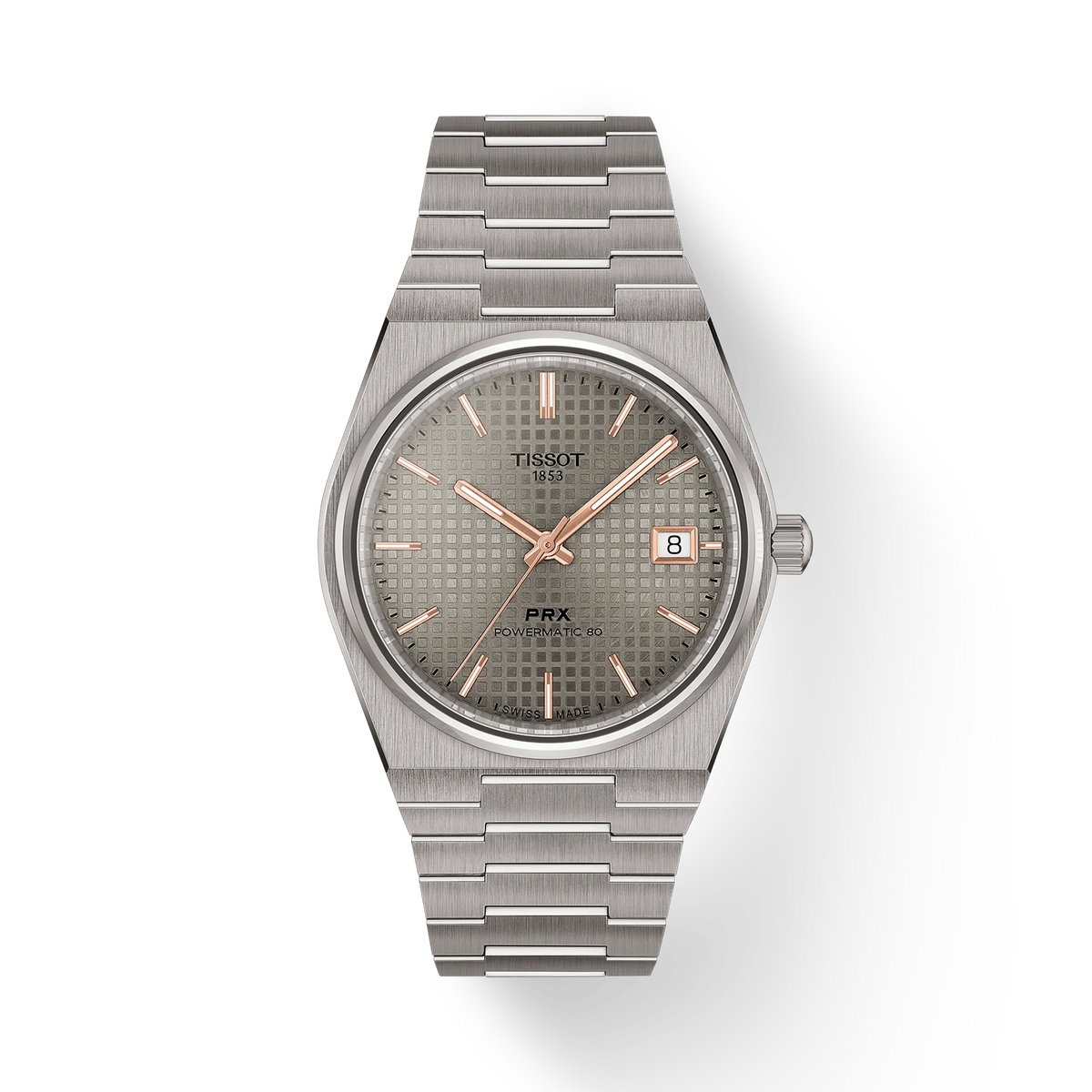 Zegarek Tissot PRX o średnicy 38 mm, tytanowa koperta, szara tarcza z różowymi wskazówkami i bransoletą.