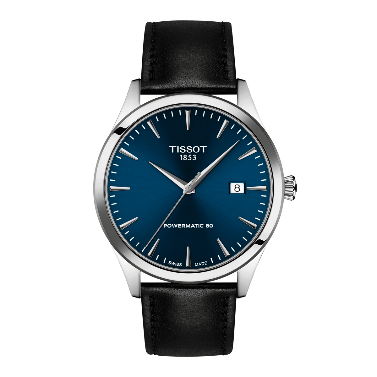 Zegarek Tissot Classic Dream 40mm z niebieską tarczą, stalową kopertą i czarnym paskiem.