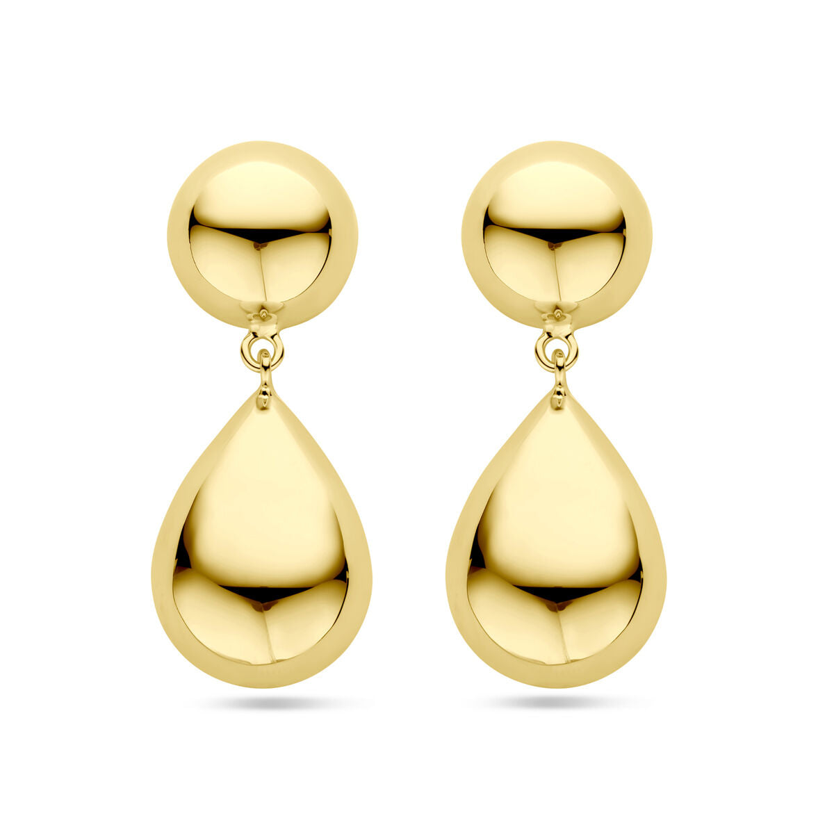 Gouden oorhangers met een half bol en druppelvorm, 40 mm, 1 micron zilver verguld.