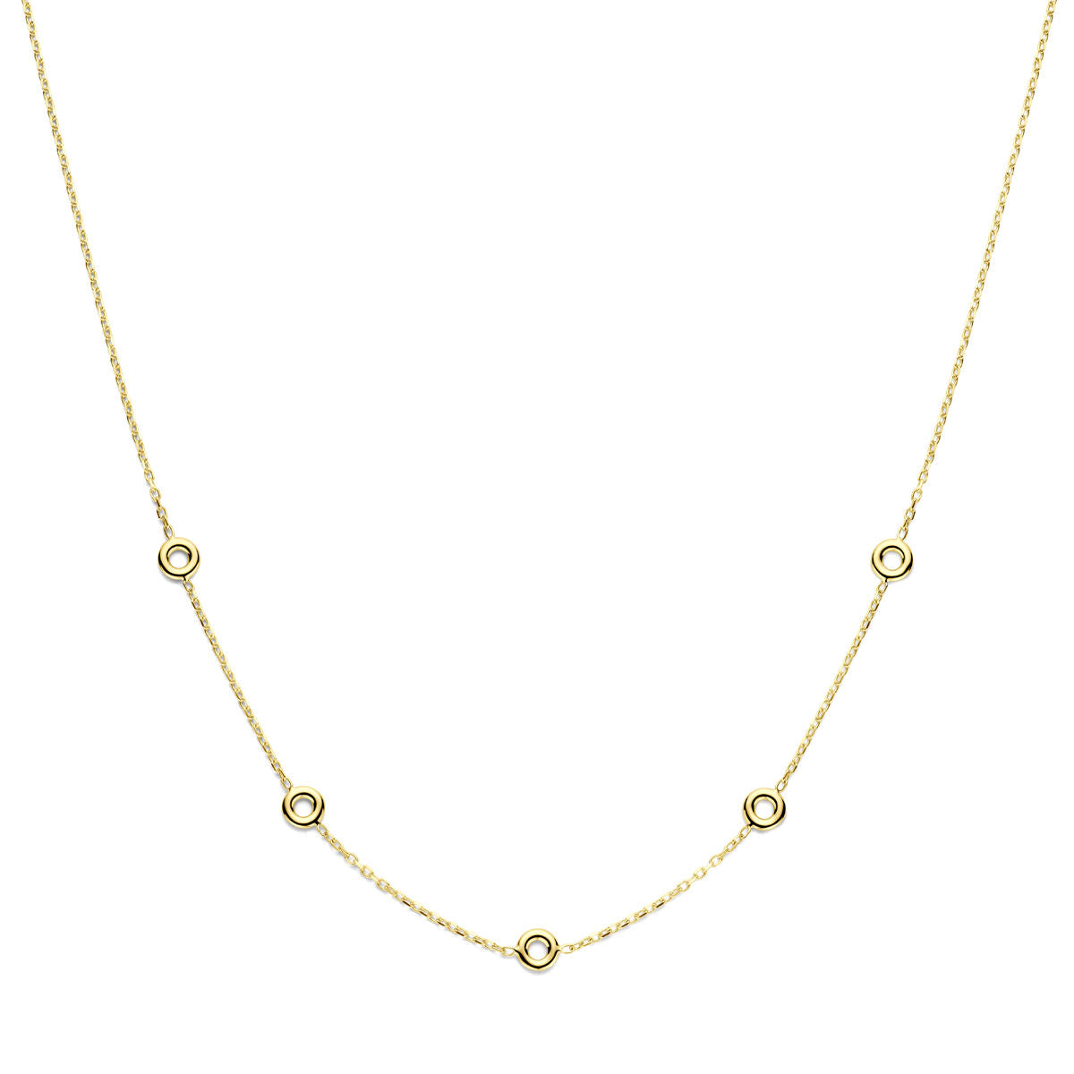 14k geelgouden dames ketting met een fijne schakel en vijf ronde openingen als opvallend detail.