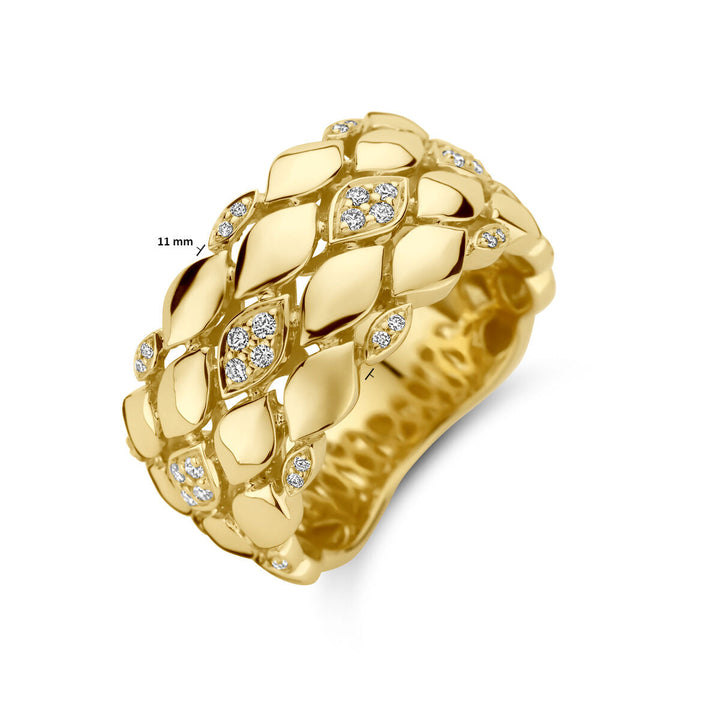 Deze Van der Kooij Collectie ring diamant 0.17ct H SI is een 14K geelgouden damesring met een gewatteerd patroon, diamanten accenten, gepolijste golvende randen en een bandbreedte van 11 mm.