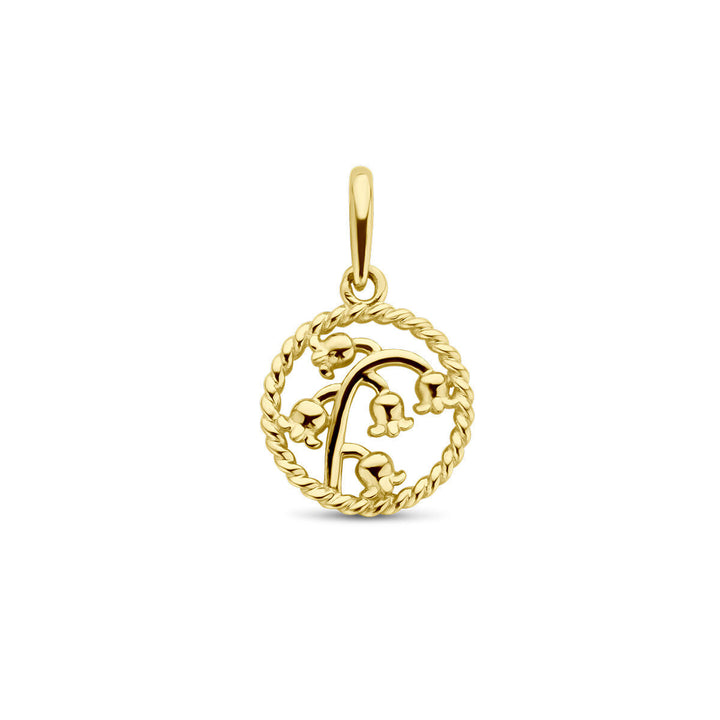 Van der Kooij Collectie hanger met geboortebloem 14K geelgoud: deze luxe hanger toont een lelietje-van-dalen binnen een gedraaide touwrand en heeft een klein oogje voor je favoriete ketting.