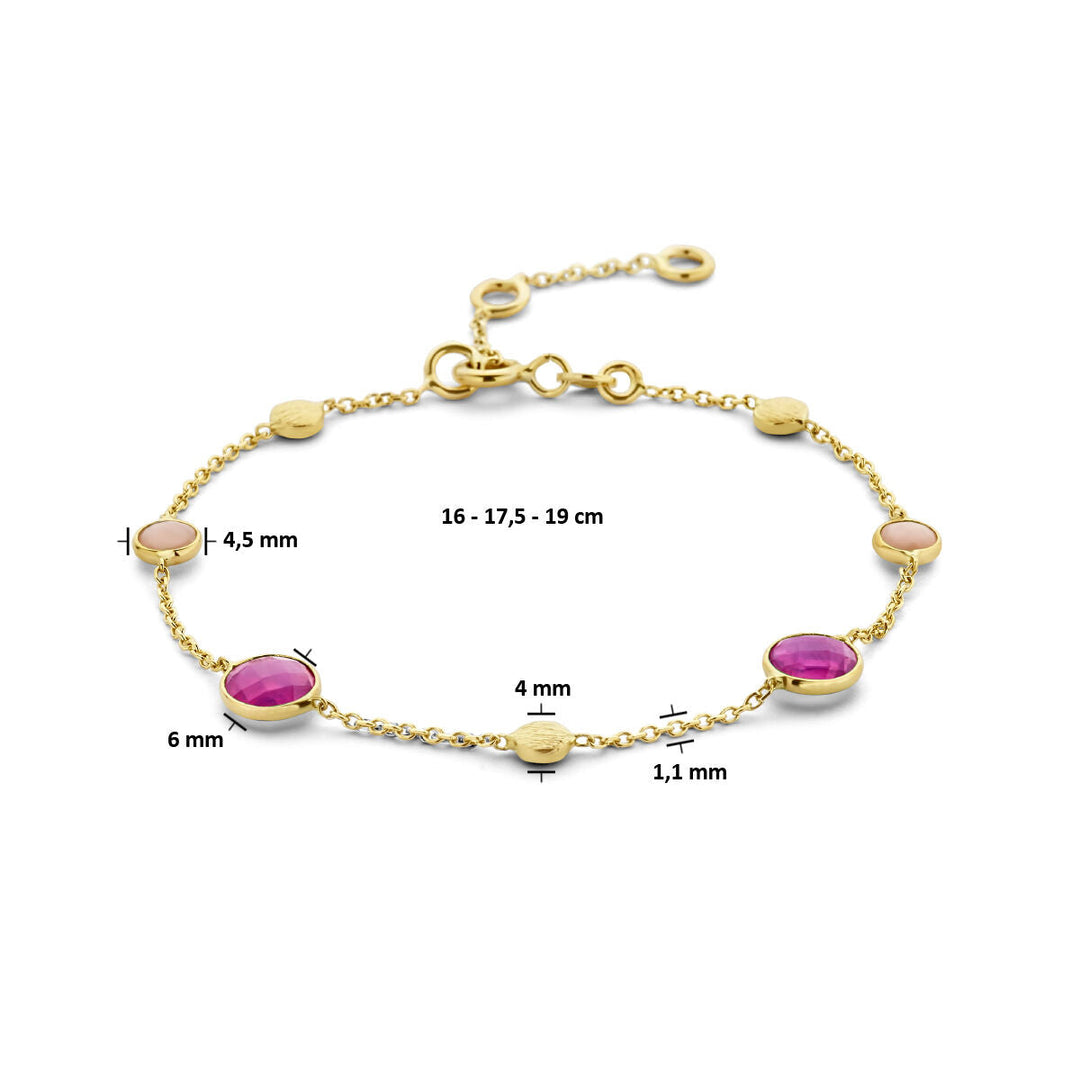 Van der Kooij Collectie Gouden armband dames robijn, opaal en rondjes 14K met verstelbare lengte (16-19 cm), versierd met robijn, roze opaal in ronde zettingen en kleine gouden schijfjes langs de ketting.