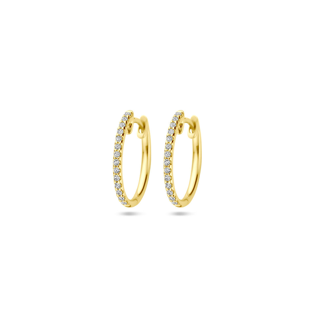 Klapoorringen van 14K geelgoud met een rij van kleine diamanten van 1,5 mm.