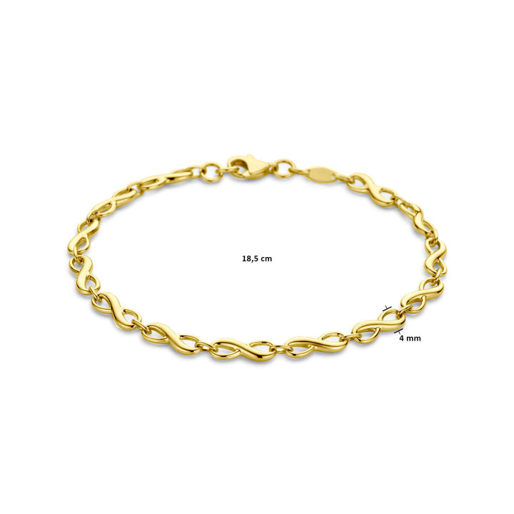 De Gouden armband dames infinity 14K van de Van der Kooij Collectie heeft een infinity schakel met in elkaar grijpende schakels, is 18,5 cm lang en 4 mm breed, en schittert op een witte achtergrond.