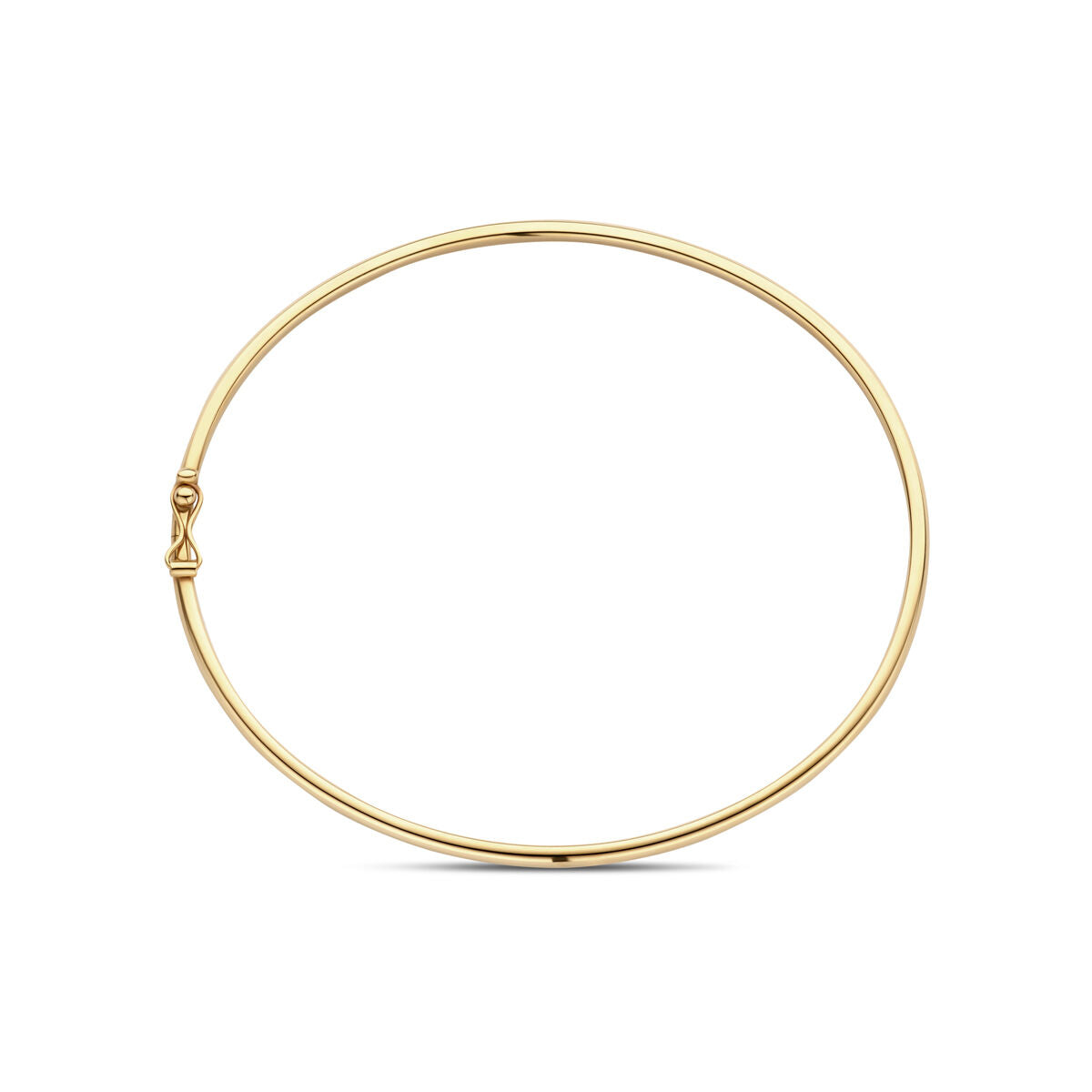 Bangle w kolorze żółtego złota o okrągłym kształcie, średnica 60 mm, grubość 2,4 mm.