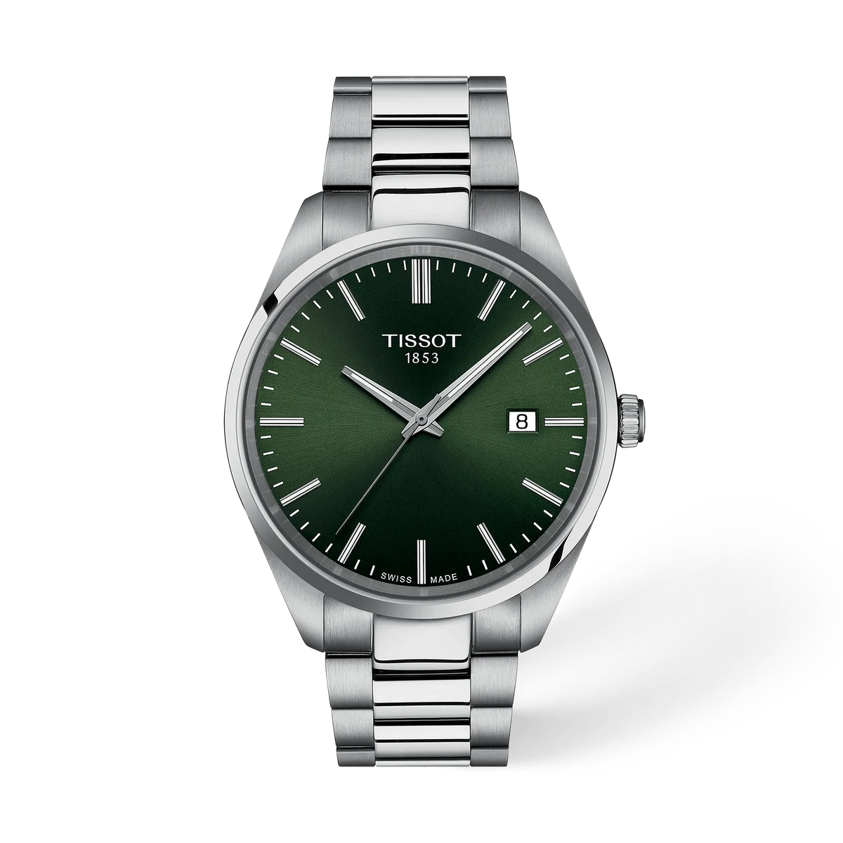 Zegarek Tissot PR 100 o średnicy 40 mm, z zieloną tarczą i stalową bransoletą.
