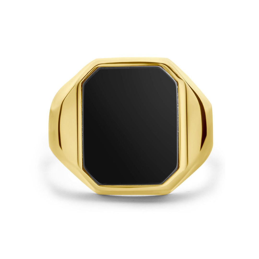 De Van der Kooij Collectie zegelring onyx 14K geelgoud bevat een grote, rechthoekige zwarte onyx als solitaire in het midden en wordt getoond tegen een witte achtergrond.