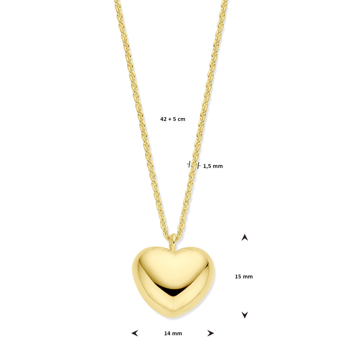 collier hart 1,5 mm 42 + 5 cm 3 micron zilver verguld (geel)